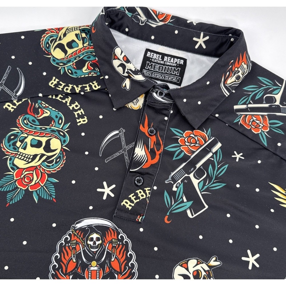 Rebel Reaper Polo Men M Black Skull Print Stretch Golf Performance